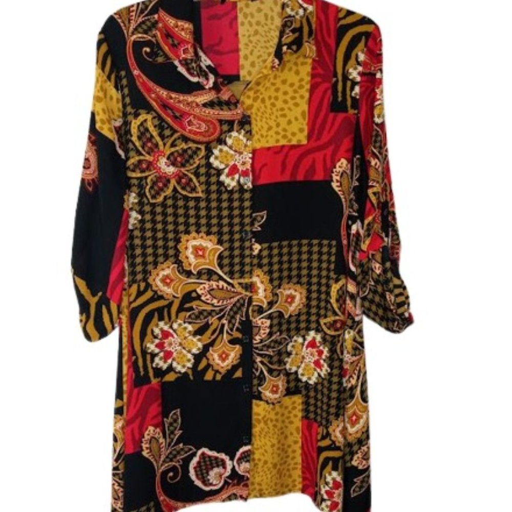 HMS Womens Patchwork Chiffon Shirt Dress Mutlicolor Mixed Print Mini XL